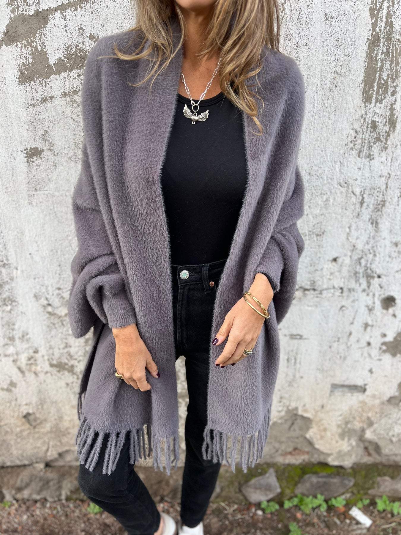 đčKvinnor LĂ„ngĂ€rmad Casual Tassel Sjal Coat