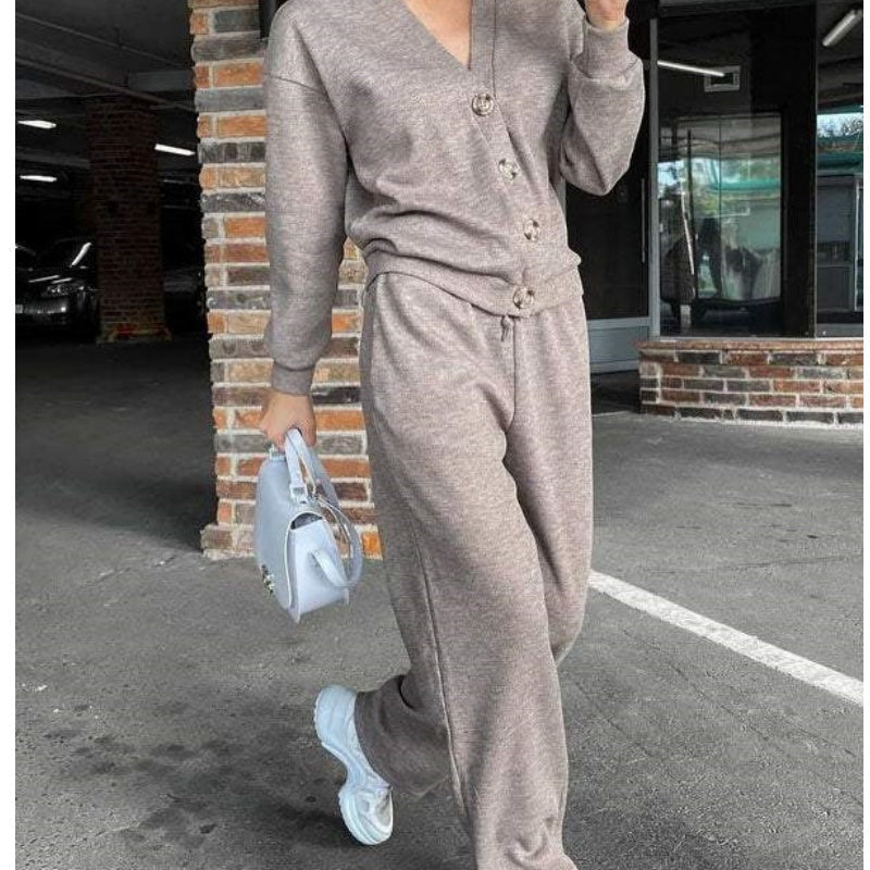 2024đ Kvinnors Stickad Knappar-Jacka och Byxor TvĂ„delad Set