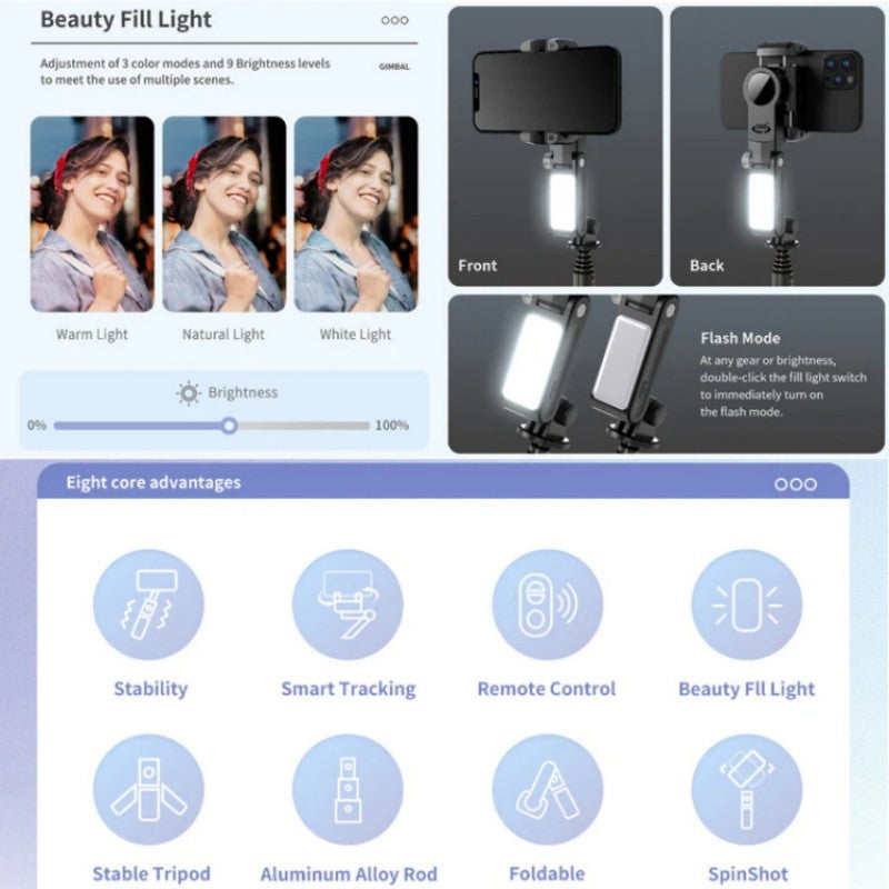 đ„đ„360° Roterande 3-Axlad Vikbar Gimbal-Stabilisator För Smartphones Inspelning