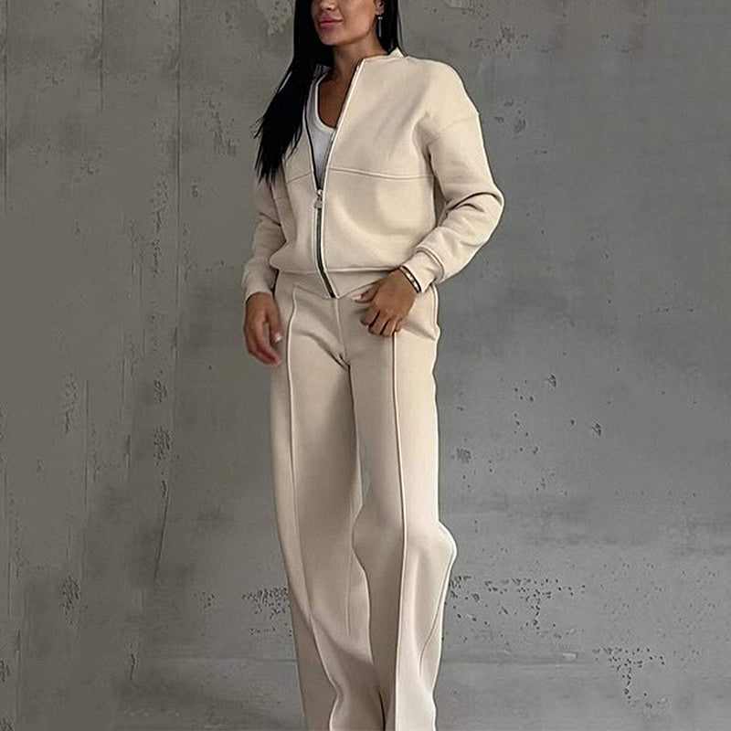 Tvådelat Relaxed Fit Set för kvinnor - Jacka med dragkedja och byxor med vida ben