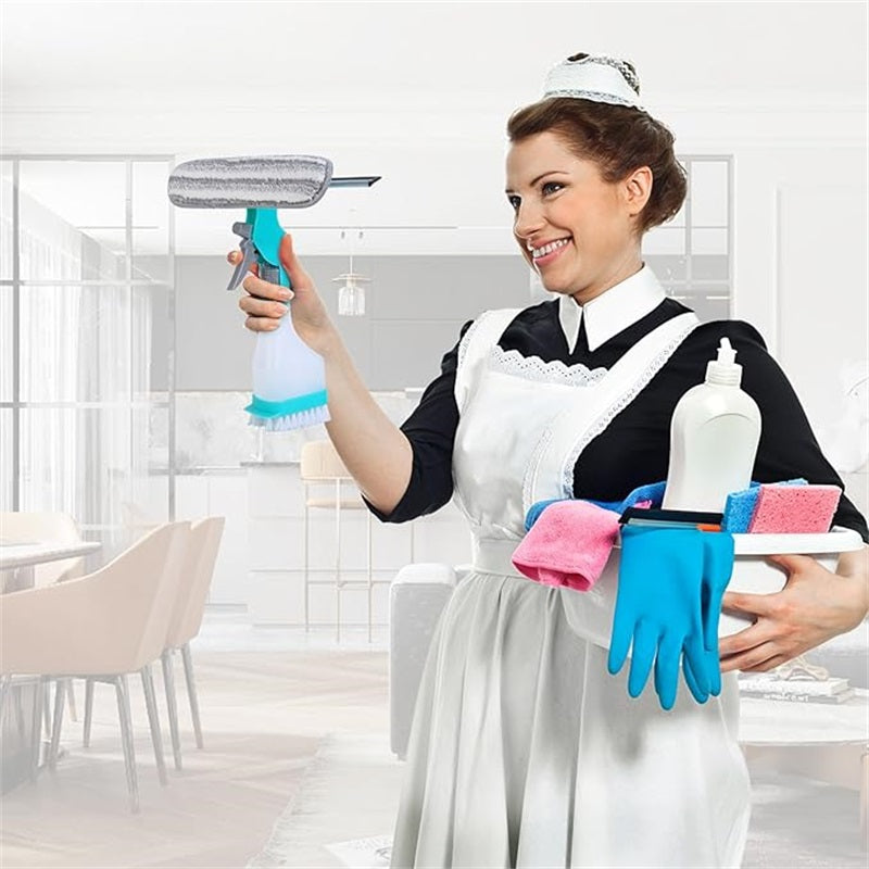 4-i-1 Glasrengöring - Kombinerar torkare, skrapa, borste och sprayflaska