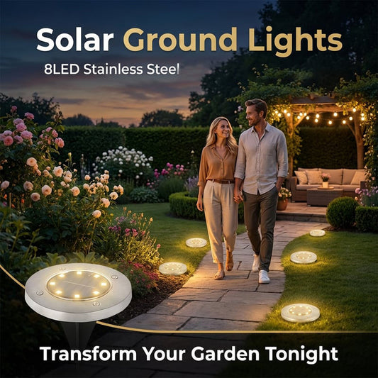 Stainless steel solar-powered ground light with 8 LED bulbs