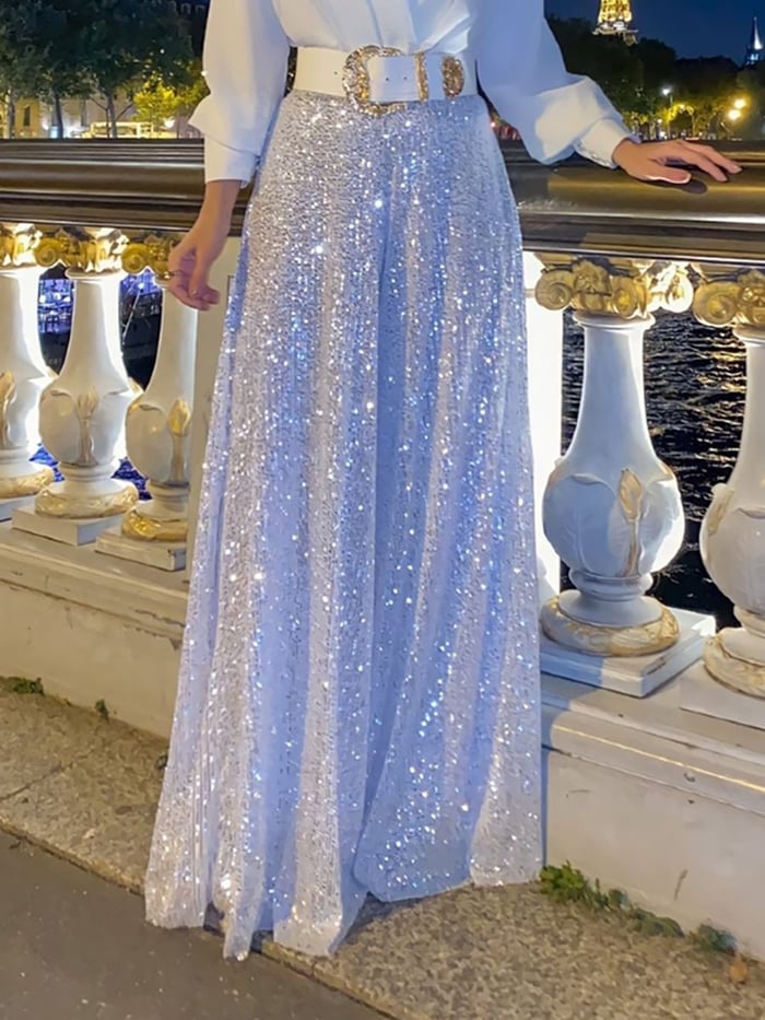 🔥Elegant V-ringad långärmad skjorta + byxor med paljetter vid ben (med bälte)