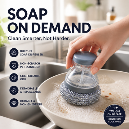🛒60% RABATT NU! 🧽Rengöringsborste med inbyggd tvål – Ergonomisk, repfri för enkel rengöring av grytor ✨