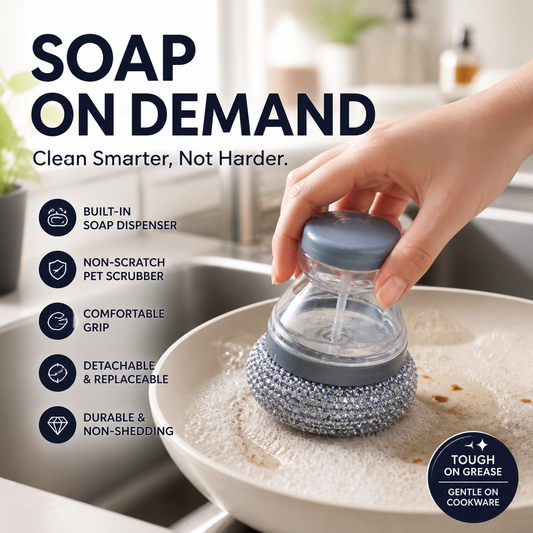 🛒60% RABATT NU! 🧽Rengöringsborste med inbyggd tvål – Ergonomisk, repfri för enkel rengöring av grytor ✨