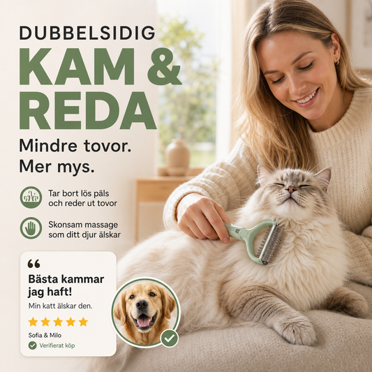 🐾 Mindre päls överallt – dubbelsidig borste för tovor och löst hår