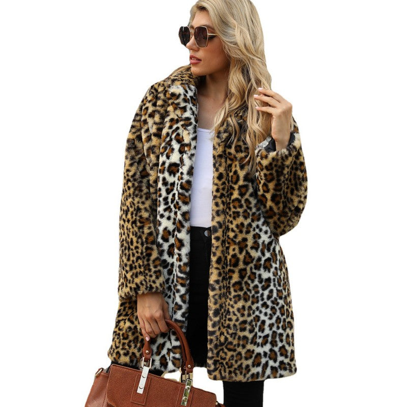 Kvinnors Mode Leopardmönstrad Varm Fuskpäls Halvlång Jacka🤎🐆