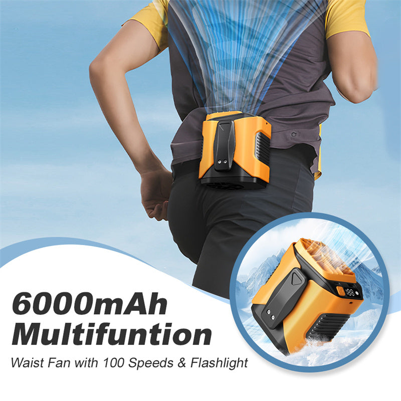 【🌞Sommarvaror för utomhusbruk】6000mAh multifunktionell kylfläkt för midjan med 100🧊 hastigheter och ficklampa