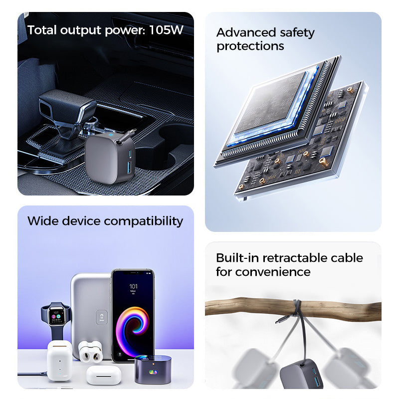 ⚡ Kompakt indragbar billaddare – Snabbladdning med självrullande kabel, dubbla USB-portar för alla enheter 🚗📱