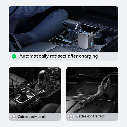 ⚡ Kompakt indragbar billaddare – Snabbladdning med självrullande kabel, dubbla USB-portar för alla enheter 🚗📱