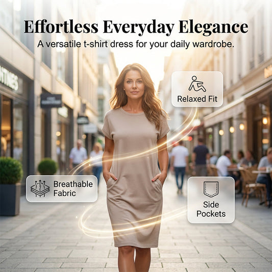 👗🛍️ Damernas Casual Kortärmad T-Shirt Klänning – Mjuk, Andningsbar med Fickor 🌿
