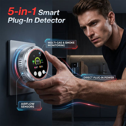 5-i-1 smart uttagsdetektor – övervakar omedelbart kolmonoxid, gas, rök, temperatur och luftfuktighet och ger larm i realtid👨‍👩‍👧‍👦