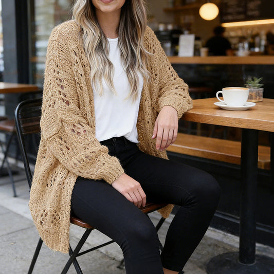 🧶 50% RABATT NU! 🌸 Dam Öppen Front Lös Stickad Kofta – Pointelle-textur & Fladdermusärmar – Enkel Bohemisk Elegans 🍁