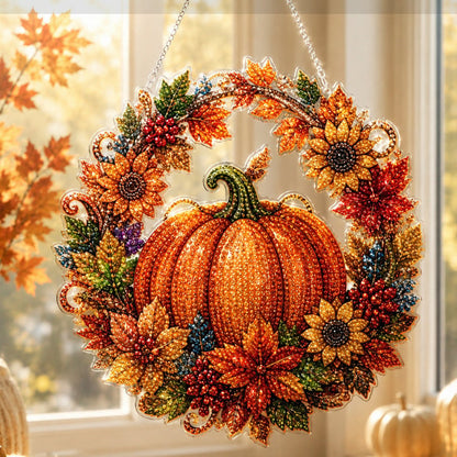🍂 Höstlig pumpakrans i diamanter – komplett DIY-kit med akrylbas, färgkodade pärlor & upphängningskedja – perfekt för höst- och skördeinredning 🎃✨